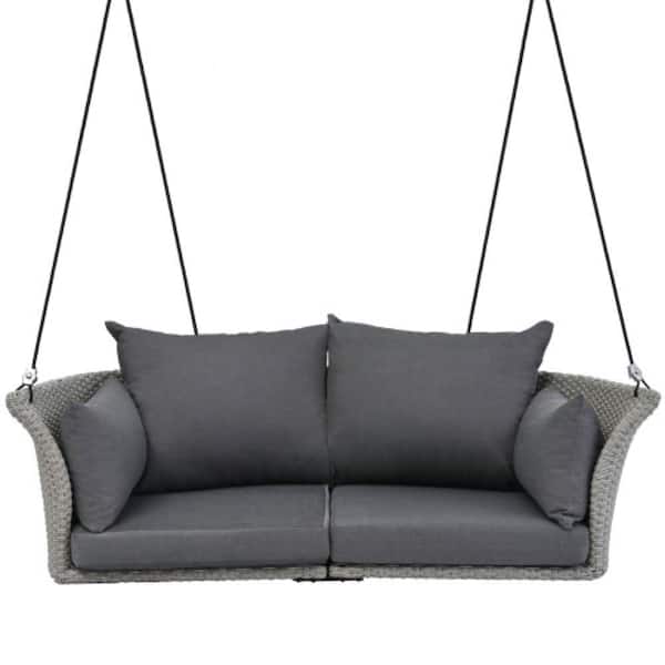 ITOPFOX 2-Person Wicker Hanging Patio Swing Seat Porch Swing, Rattan Woven Swing Chair with Ropes with Cushion in Gray