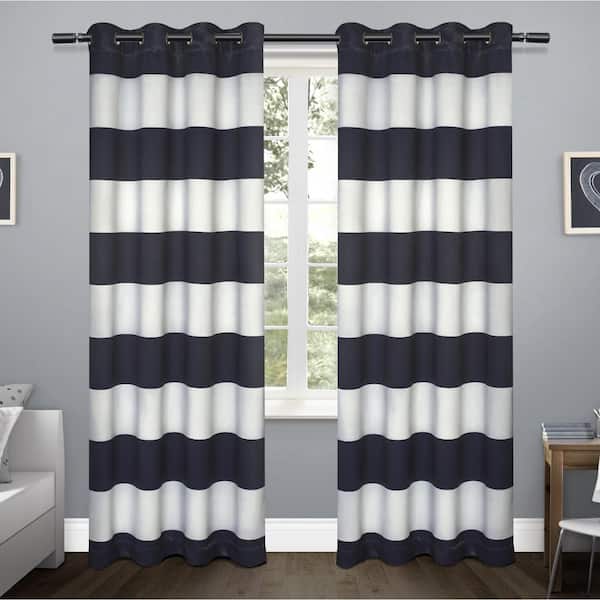 EXCLUSIVE HOME Sateen Rugby Kids Navy Stripe Woven Room Darkening Grommet Top Curtain, 52 in. W x 84 in. L (Set of 2)
