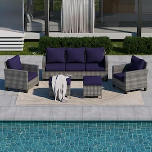 5-Piece Gray Wicker Outdoor Conversation Seating Sofa Set, Navy Blue Cushions with 3-Seater Sofa, Ottomans