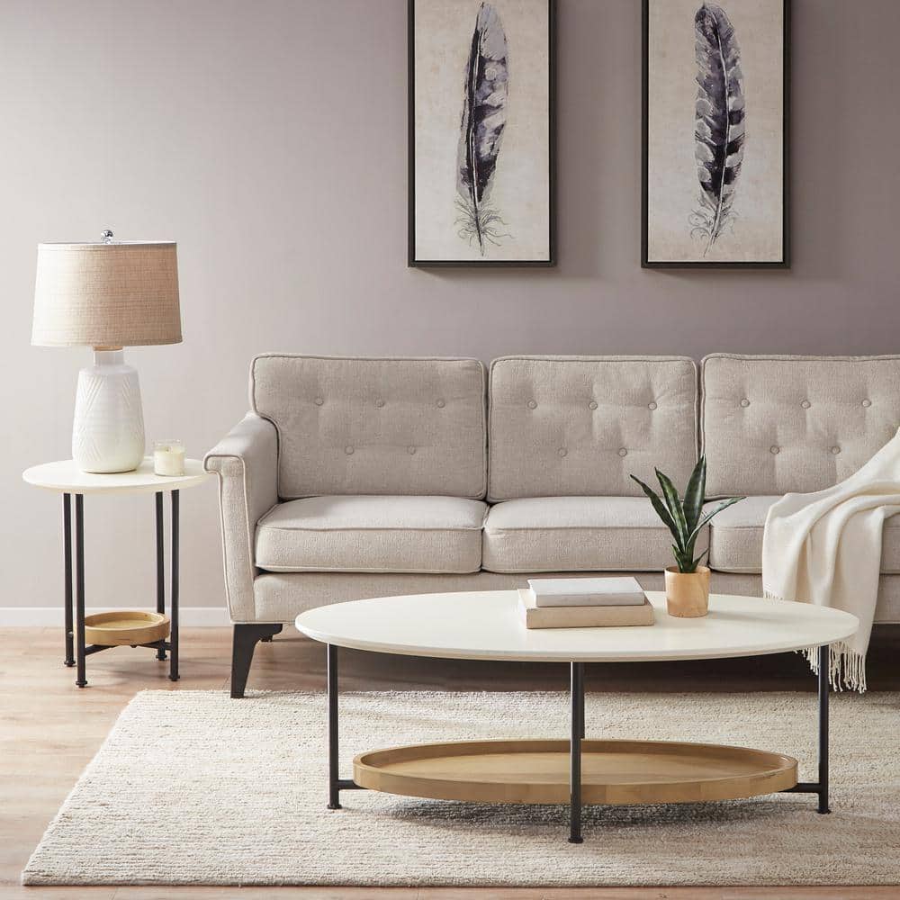 Modern Round White Wood and Metal End Table