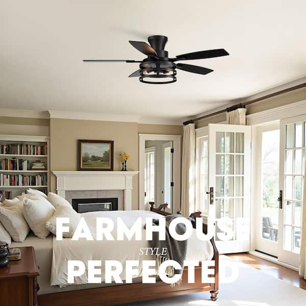 42 in. Flush Mount Farmhouse Ceiling Fan with Light Included Remote Black Caged Ceiling Fan for Indoor