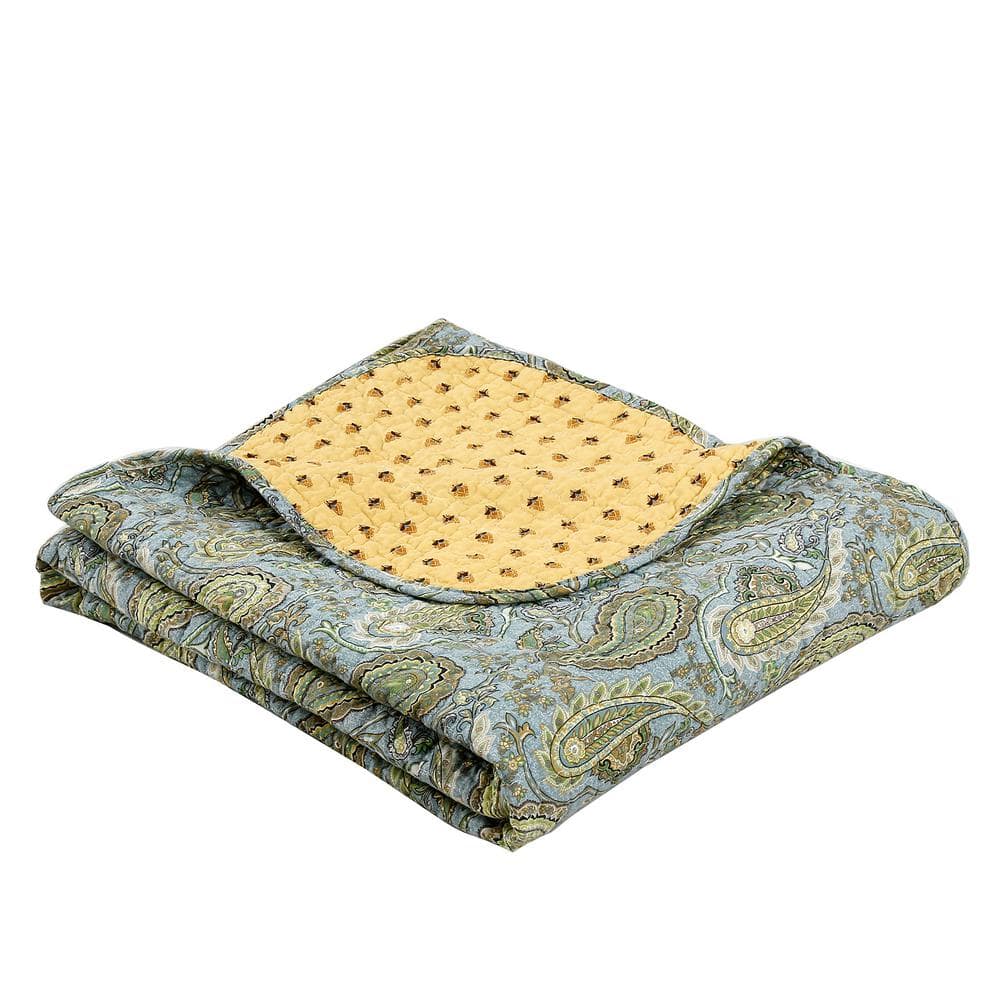 Paisley Blue Green Yellow Scalloped Cotton Reversible Throw Blanket, 60" x 50"
