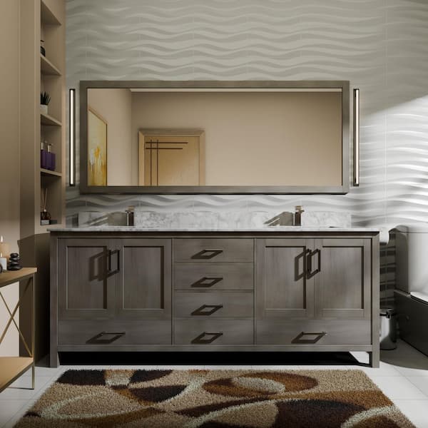 Jacques 72 in. W x 22 in. D Distressed Grey Double Bath Vanity, Carrara Marble Top, and 70 in. Mirror