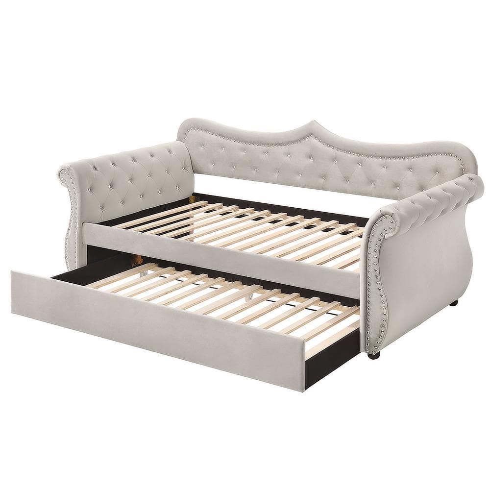 Beige Twin Upholstered Sleigh Daybed with Trundle and Nailhead Trim