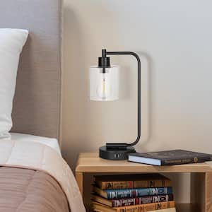 16.3 in. Black Metal Touch Control Table Lamp with Glass Shade and USB Ports