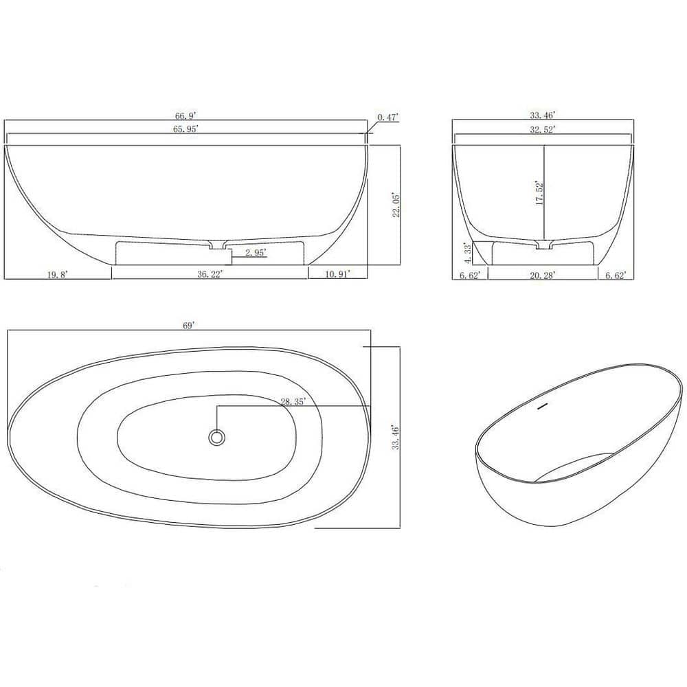 67" Matte White Stone Resin Double Slipper Freestanding Bathtub