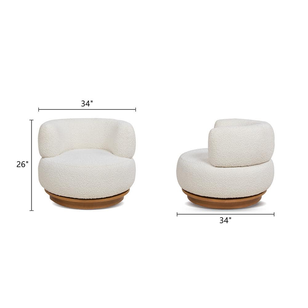Ivory White Boucle Swivel Barrel Accent Chair with Wood Base