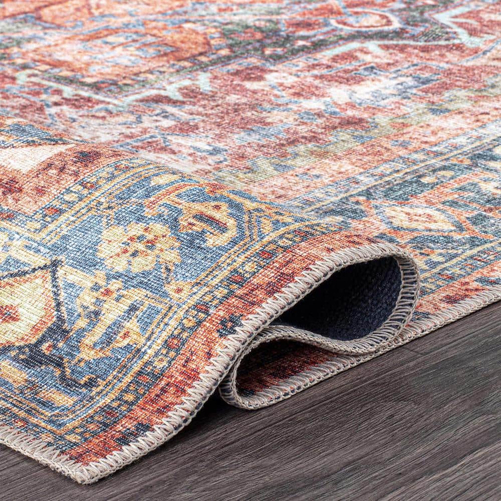 Vintage Red and Blue Medallion Washable Synthetic Area Rug