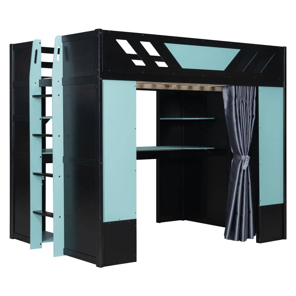 Black+Cloud Blue Full Wood Loft Bed with Wardrobe, Shelves, Blackout Curtains, and RGB Lights price history on PriceWatchPro