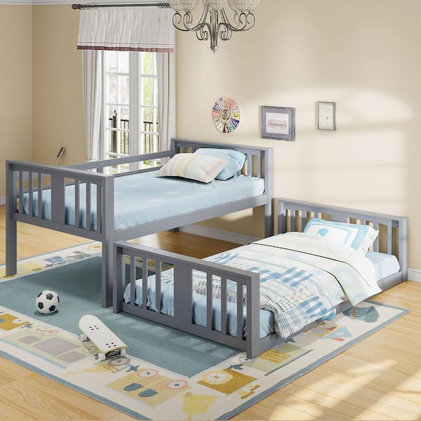 Gray Twin Over Twin. Wood Low Bunk Bed with Ladder
