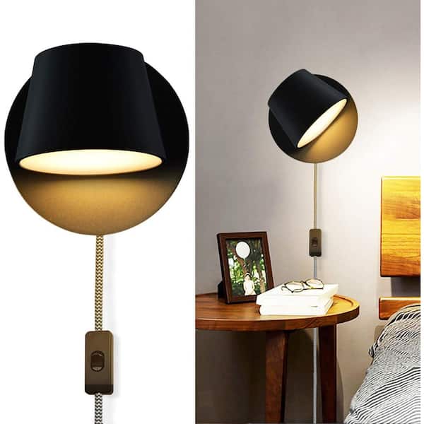 3.5 in. 1-Light Plug in LED Wall Sconces with Black Rotate Shade and Switch, 7-Watts 3000K