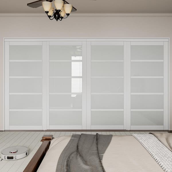 144 in. x 80 in. 5 Lite White Tempered Frosted Glass Closet Sliding Door with Hardware