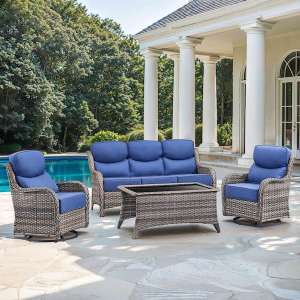 Pocassy JHXL 5-Piece Outdoor Gray Wicker Patio Conversation Set Swivel Rocking Chair with Blue Cushions