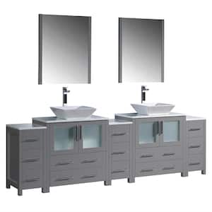 Torino 96 in. W Double Bath Vanity in Gray with Glass Stone Vanity Top in White with White Vessel Sinks and Mirrors