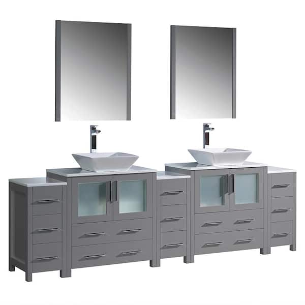 Fresca Torino 96 in. W Double Bath Vanity in Gray with Glass Stone Vanity Top in White with White Vessel Sinks and Mirrors