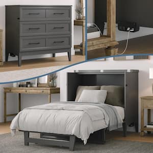 Santa Fe Grey Solid Wood Frame Twin Murphy Bed Chest with Mattress and Built-in Charger