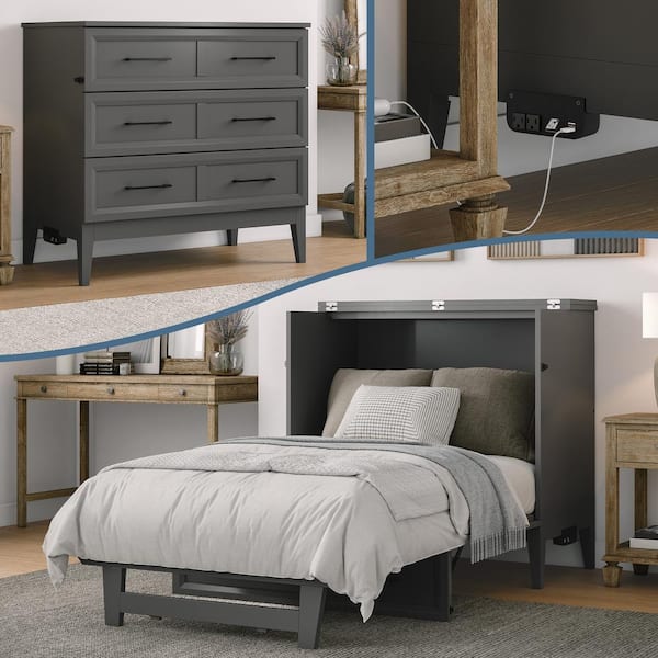 AFI Santa Fe Grey Solid Wood Frame Twin Murphy Bed Chest with Mattress and Built-in Charger