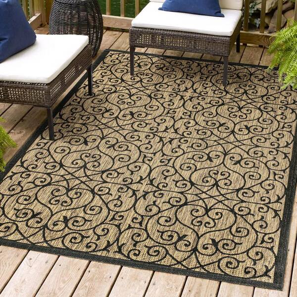 JONATHAN Y Madrid Vintage Filigree Black/Khaki 5 ft. 3 in. x 7 ft. 7 in. Textured Weave Indoor/Outdoor Area Rug