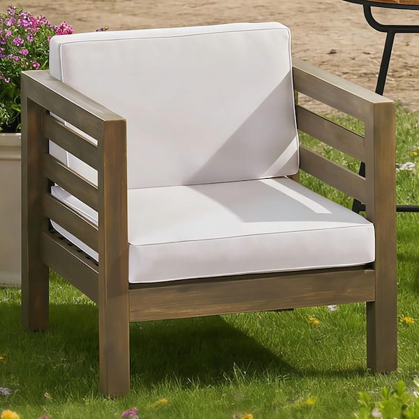 Oana Grey Wood Outdoor Patio Lounge Chair with White Cushions
