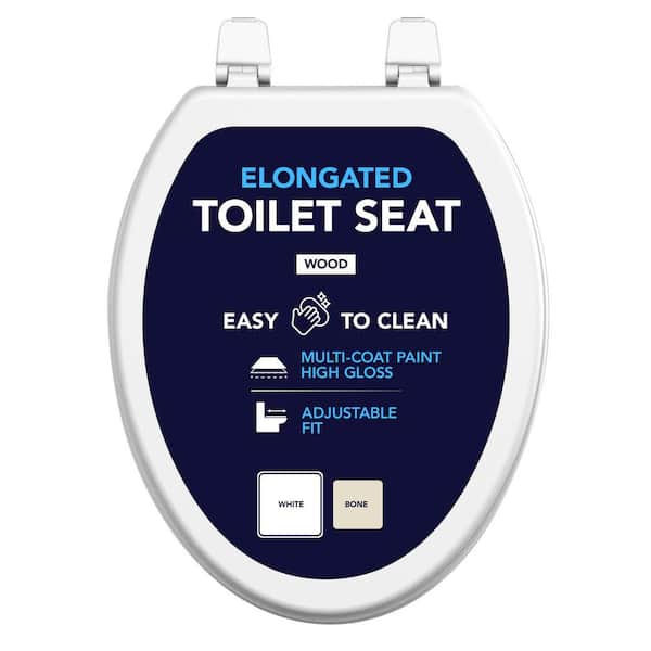 Elongated Toilet Seat with Adjustable Hinges in White Molded Wood, Standard Size Fit