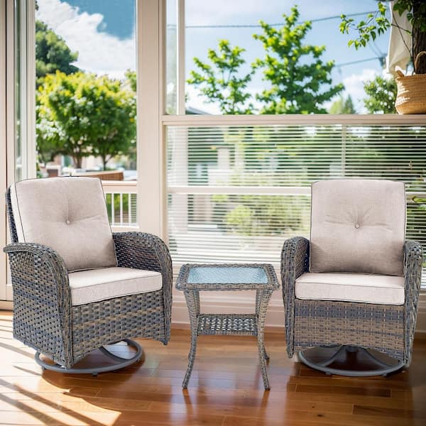 Gymojoy Annies Brown 3-Piece Wicker Patio Conversation Deep Seating Set Oudoor Swivel Rocking Chair with Beige Cushions