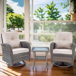 Annies Brown 3-Piece Steel Wicker Patio Conversation Deep Seating Set with Thick Beige Cushions