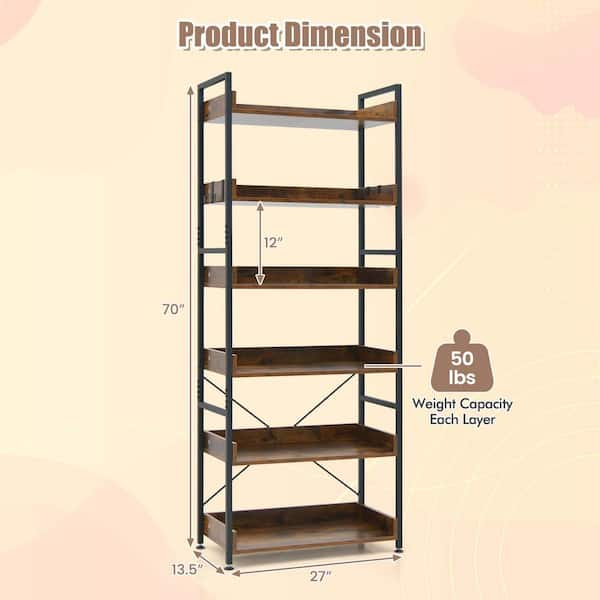 Costway 70 in. Tall Brown Metal 6-Shelf Standard Bookcase with 4