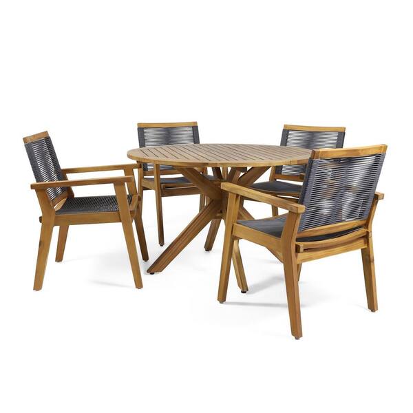 Noble House Mcgill Teak Brown 5-Piece Wood Round Outdoor Patio Dining Set