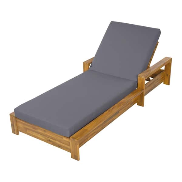 Teak Outdoor Wood Chaise Lounge with 2-Fold Gray Cushion, 3-Position Adjustable Backrest, Patio Reclining Lounge Chair
