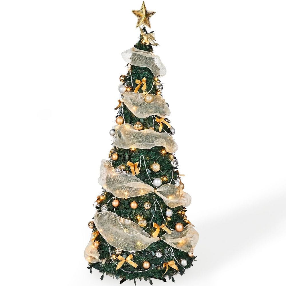 6 ft Green Pre-Lit LED Slim Telescoping Classic Artificial Christmas Tree With Gold/Silver Ornaments price history on PriceWatchPro