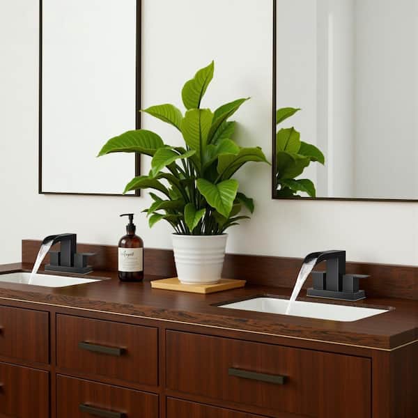 4 in. Centerset Double Handle Low Arc Bathroom Faucet with Pop-up Drain Kit Included in Matte Black