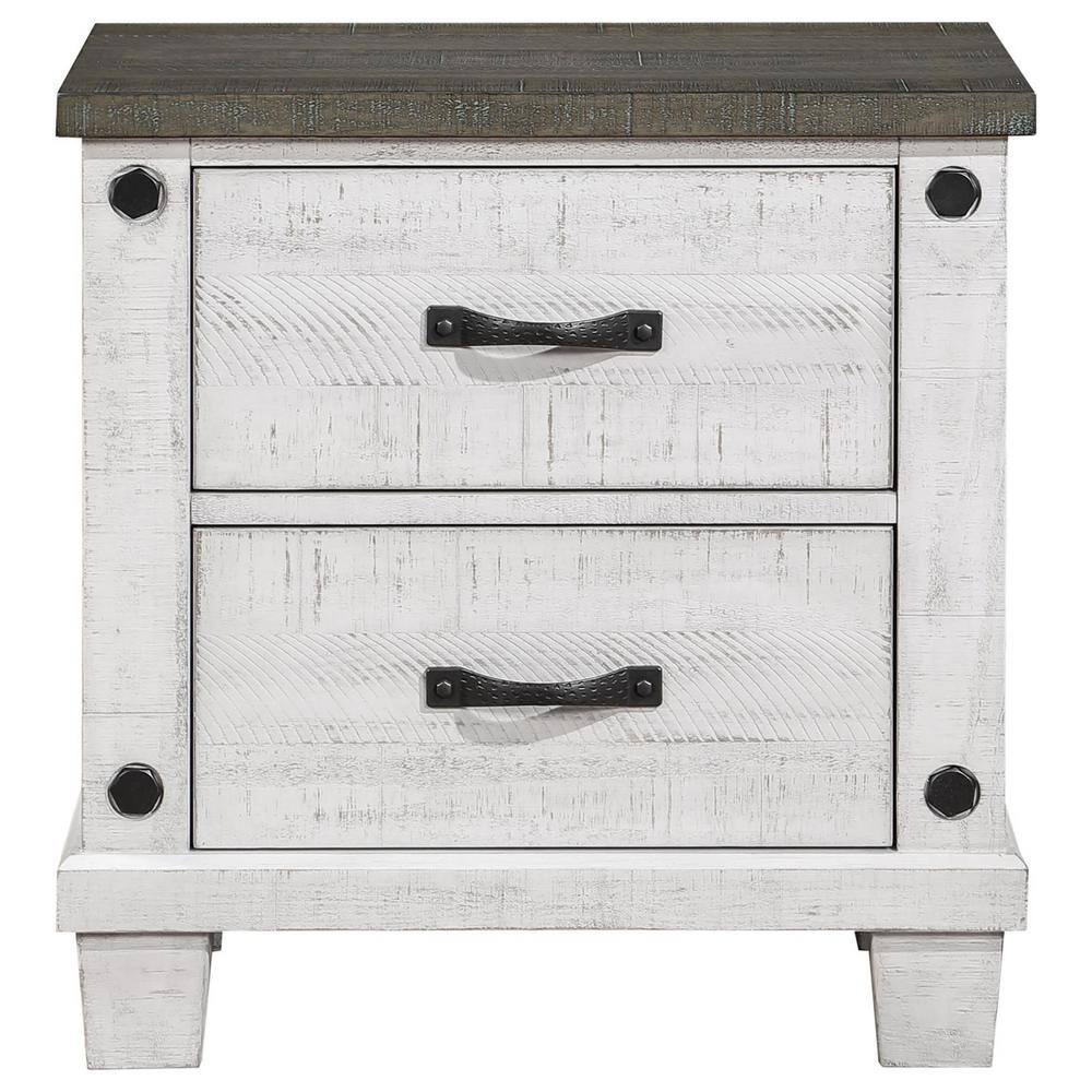 Distressed Gray and White 2-Drawer Pine Wood Nightstand