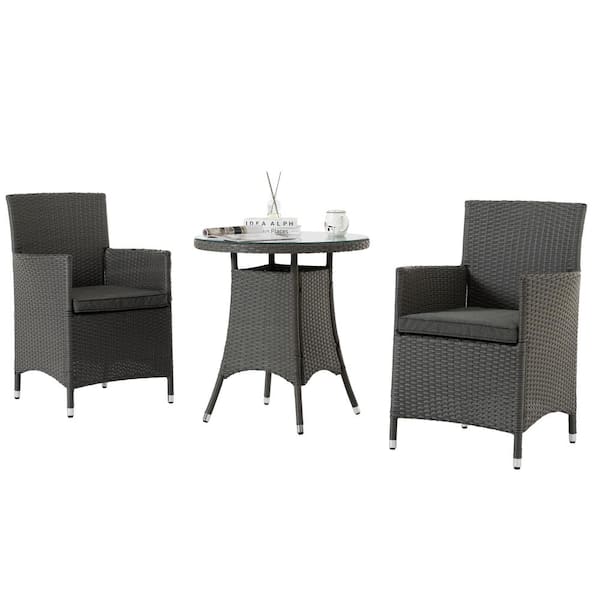 Unbranded 3-Piece Wicker Outdoor Dining Set, Patio Dining Table and Chairs with Grey Cushions, Round Tempered Glass Tabletop