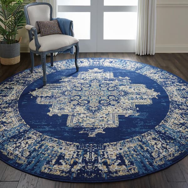 Grafix Navy Blue 8 ft. x 8 ft. Persian Medallion Transitional Round Rug