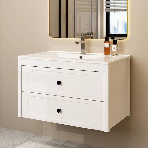 FUFU&GAGA 30 in. W x 18.3 in. D x 18.7 in. H Bathroom Vanity in White with Marble Sink,Wall Mounted Floating Bathroom with Drawers