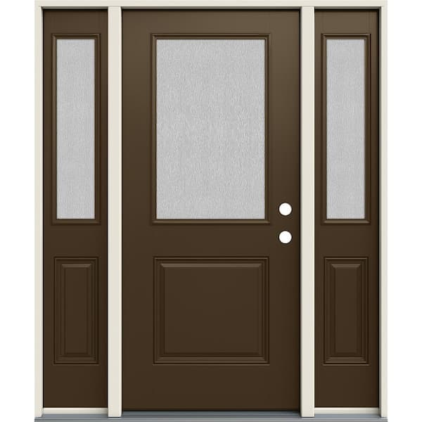 JELD-WEN 60 in. x 80 in. Left-Hand 1/2 Lite Streamed Ripple Glass Dark Chocolate Fiberglass Prehung Front Door w/Sidelites