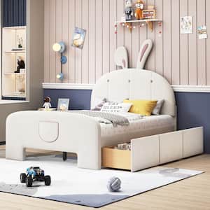 Beige Wood Frame Full Velvet Upholstered Platform Bed with Rabbit-Shaped Headboard, Bed-End Storage Pocket, Drawers