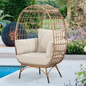 Patio Yellow Wicker Indoor/Outdoor Egg Lounge Chair with Beige Cushions