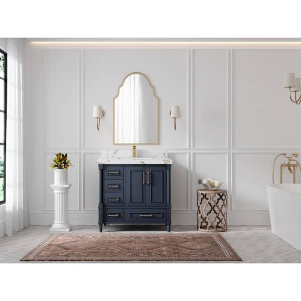 Willow Collections Hudson 36 in. W x 22 in. D x 36 in. H Single Sink Bath Vanity Center in Navy Blue with 2 in. Viola Brown qt. Top