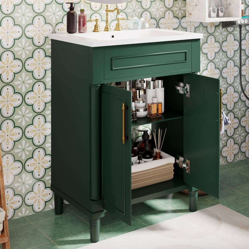 24 in. W x 18.18 in. D x 34.95 in. H Freestanding Bath Vanity in Green with White Ceramic Top and 2 Doors(Unassembled) price history on PriceWatchPro
