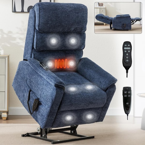 Blue Chenille Dual Motor Infinite Position Up to 350 lbs. Power Lift Recliner Chair with Heat Massage