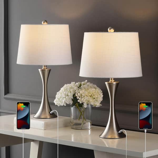 Bennett 22.75 in Modern Glam Iron Hourglass LED Table Lamp Set with USB Charging Port and Touch Sensor Nickel (Set of 2)