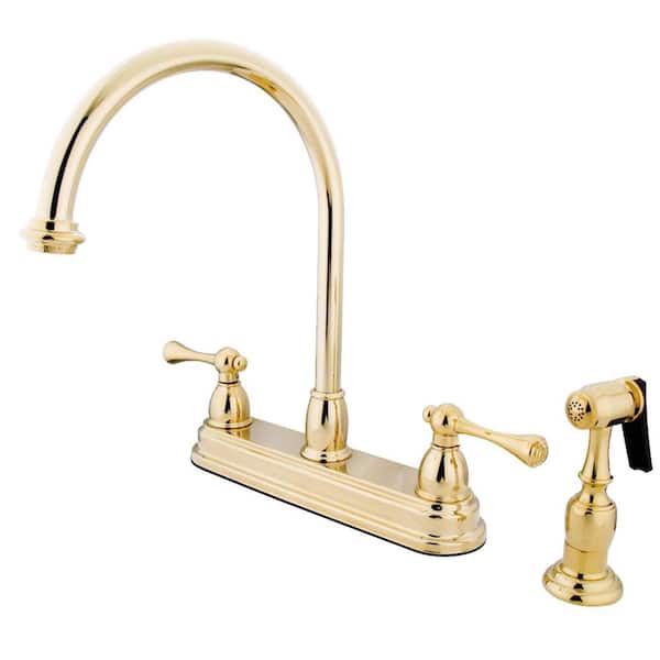 Kingston Brass Vintage 2-Handle Deck Mount Centerset Kitchen Faucets with Side Sprayer in Polished Brass