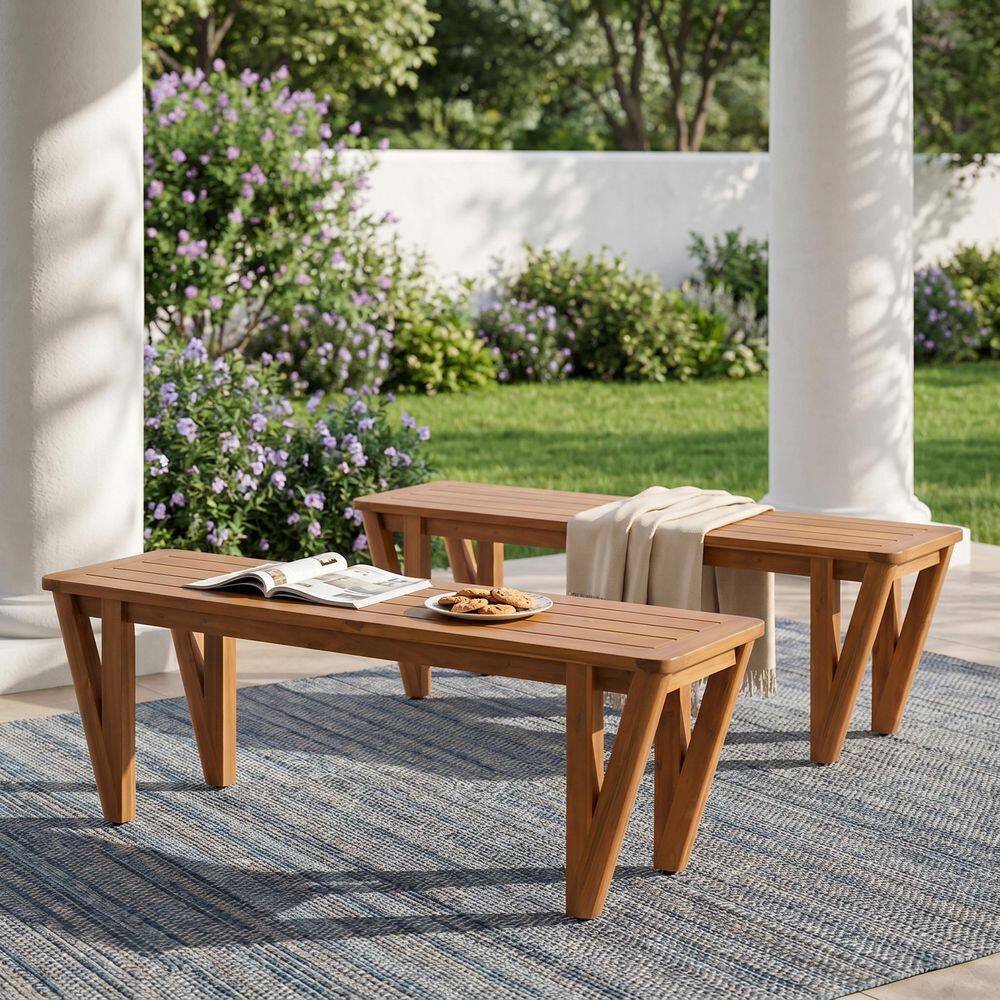 Iris Teak Solid Wood Rectangle Outdoor Bench with V-Shaped 4 Legs, Set of 2 price history on PriceWatchPro