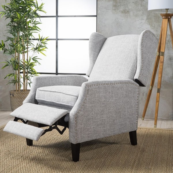 Light Gray Fabric Upholstered Recliner with Wing Back, Nailhead Trims, Solid Birch Legs