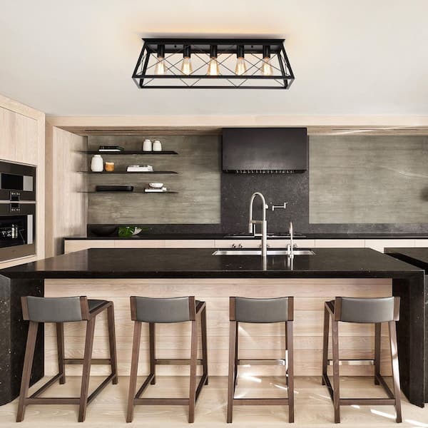 Libtad 5-Light 31.5 in.W Matte Black Flush Mount Rectangular Industrial Farmhouse Ceiling Light for Kitchen