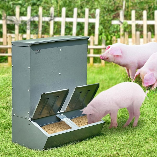 Hog Feeder, 3.7 Bushel Capacity, Double Door, Steel, Multipurpose for Piglets, Outdoor Livestock, Up to 8 Hogs,
