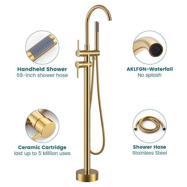 Double-Handle Claw Foot Tub Faucet Freestanding Floor Mount Roman Tub Faucet with Waterfall Spout in Polished Gold