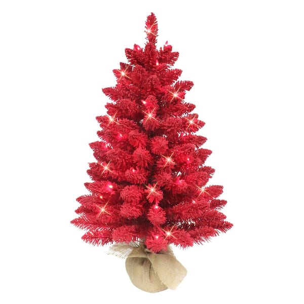 3 ft. Pre-Lit Flocked Fashion Red Artificial Christmas Tree