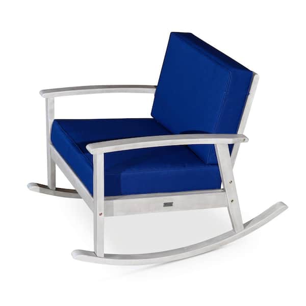 Zeus & Ruta Silver Gray Finish Eucalyptus Wood Outdoor Rocking Chair with Navy Blue Cushion for Garden, Patio, Poolside, Backyard